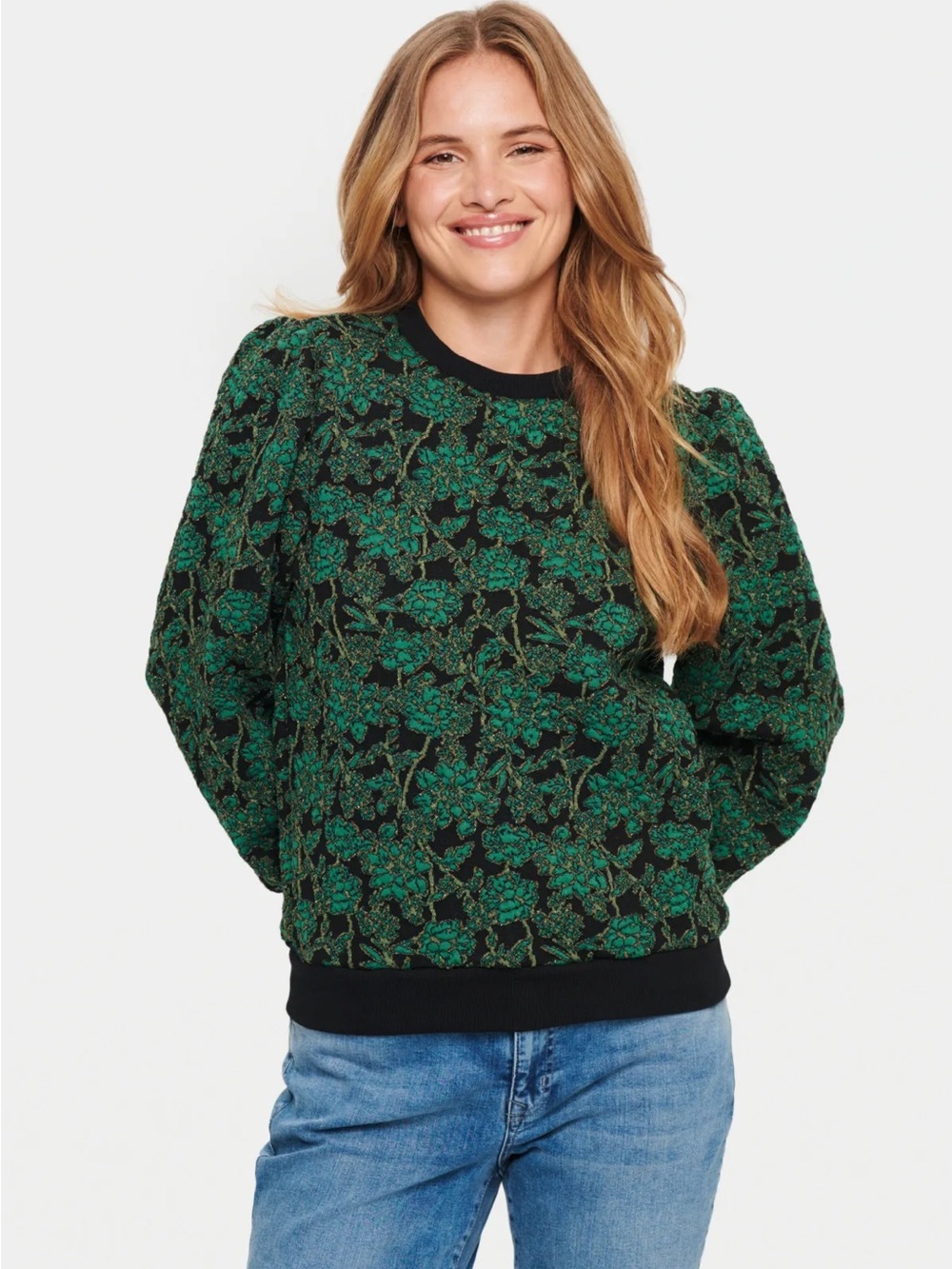 SAINT TROPEZ Blake Jacquard Puff Sleeve Sweatshirt Quilted Green Floral Metallic